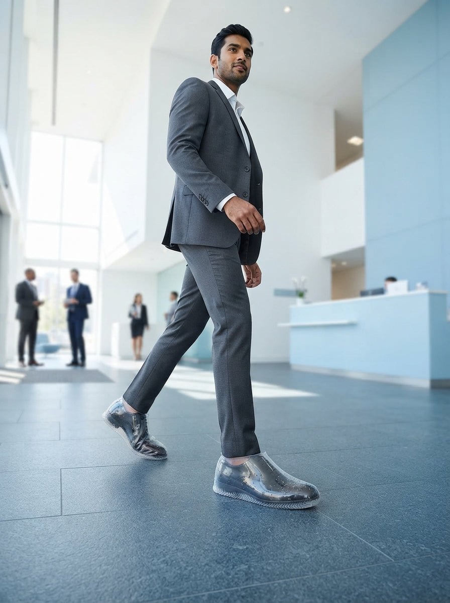 A man in professional attire wearing protective waterproof shoe covers while walking into a modern office lobby.